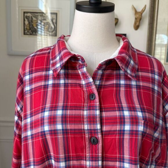 L.L. Bean Women's Fleece-Lined Flannel Shirt Button Up Red Blue Plaid $90 3X - Picture 2 of 6